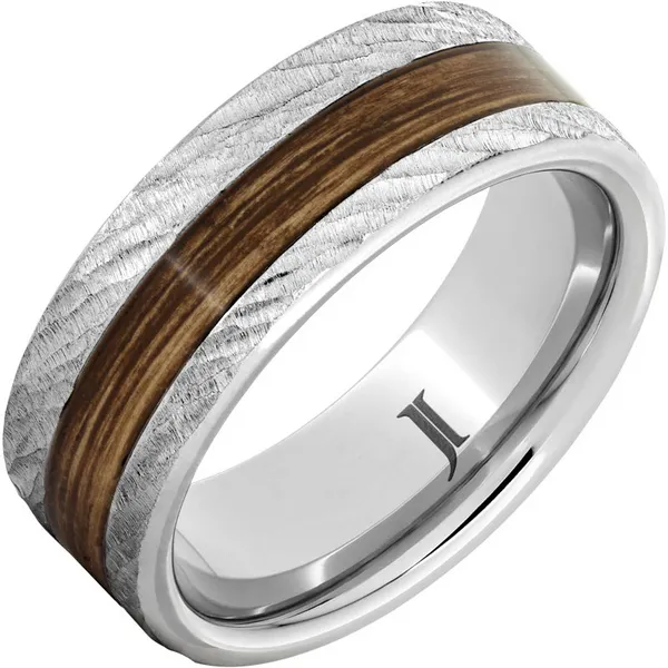 Barrel Aged™ Serinium® Ring 8mm Flat with 3mm OC Bourbon Wood Inlay and Bark Finish Morris Jewelry Bowling Green, KY