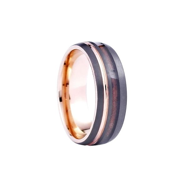 Comfort Fit Domed 8MM Tungsten Carbide Ring with Genuine Wood from Jack Daniels Whiskey Barrel Inlay and Rose Gold Color Accents Moseley Diamond Showcase Inc Columbia, SC