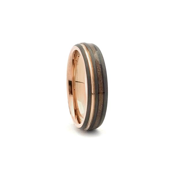 Comfort Fit Domed 6mm Tungsten Carbide Ring With Genuine Wood from Jack Daniels Whiskey Barrel Inlay And Rose Gold Color Accents Moseley Diamond Showcase Inc Columbia, SC