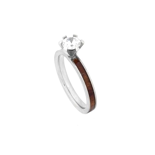 Comfort Fit Domed 3mm Titanium Engagement Ring With Center CZ and Wood from Jack Daniels Whiskey Barrel Inlay Moseley Diamond Showcase Inc Columbia, SC