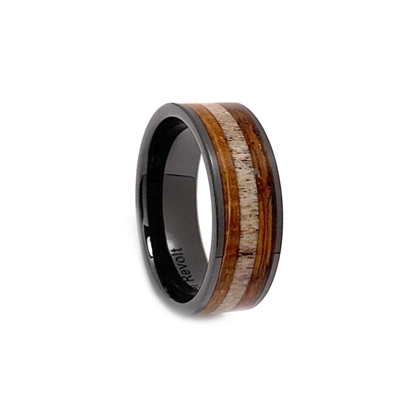 Comfort Fit 8mm Black High-Tech Ceramic Ring With a Genuine Wood From Jack Daniels Whiskey Barrel and Genuine Antler Inlay Moseley Diamond Showcase Inc Columbia, SC