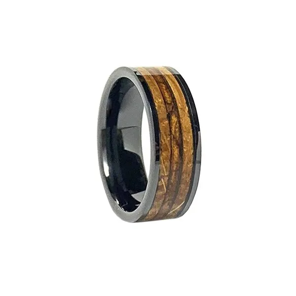 Comfort Fit 8mm Black High-Tech Ceramic Wedding Ring With a Genuine Wood From Whiskey Barrel and Tobacco Leaf Inlay Moseley Diamond Showcase Inc Lexington, SC