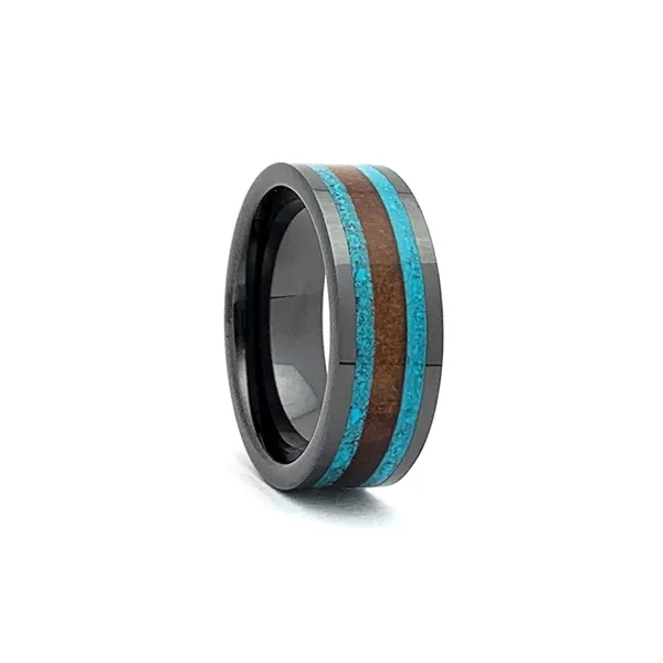 Comfort Fit 8mm High-Tech Ceramic Wedding Ring With Exotic Koa Wood and Turquoise Inlay Moseley Diamond Showcase Inc Columbia, SC