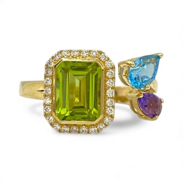 14K Yellow Gold Peridot, Blue Topaz & Amethyst Halo Ring Javeri Jewelers Inc Frisco, TX