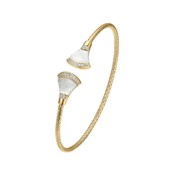 Sterling Silver 2mm Mesh Cuff with White Mother of Pearl (Fan Shape