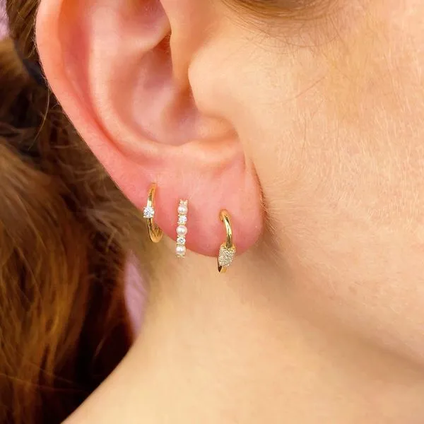 14K Yellow Gold Pearl & Diamond Huggie Hoop Earrings Image 3 Orin Jewelers Northville, MI