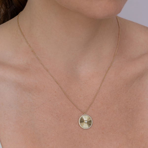 14K Yellow Gold Ribbed Circle Pendant With 36 Diamonds Image 3 Orin Jewelers Northville, MI