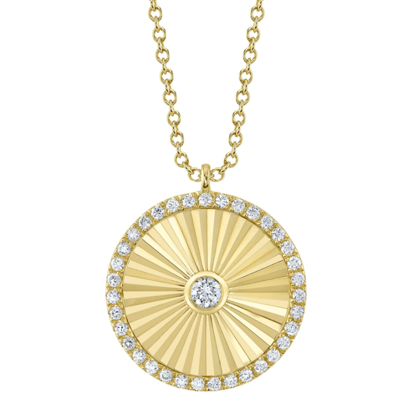 14K Yellow Gold Ribbed Circle Pendant With 36 Diamonds Orin Jewelers Northville, MI