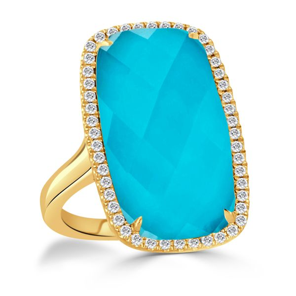 18k Yellow Gold Elongated Cushion Shape Clear Quartz Over Turquoise Ring With Diamonds Orin Jewelers Northville, MI