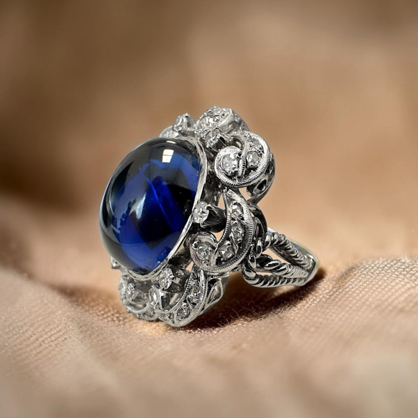 Estate Collection - 18K White Gold Vintage Lab Sapphire & Diamond Ring Image 2 Orin Jewelers Northville, MI