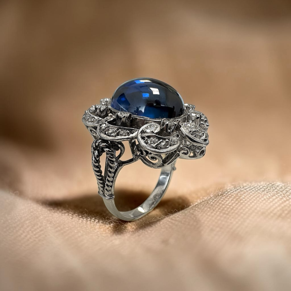 Estate Collection - 18K White Gold Vintage Lab Sapphire & Diamond Ring Image 3 Orin Jewelers Northville, MI