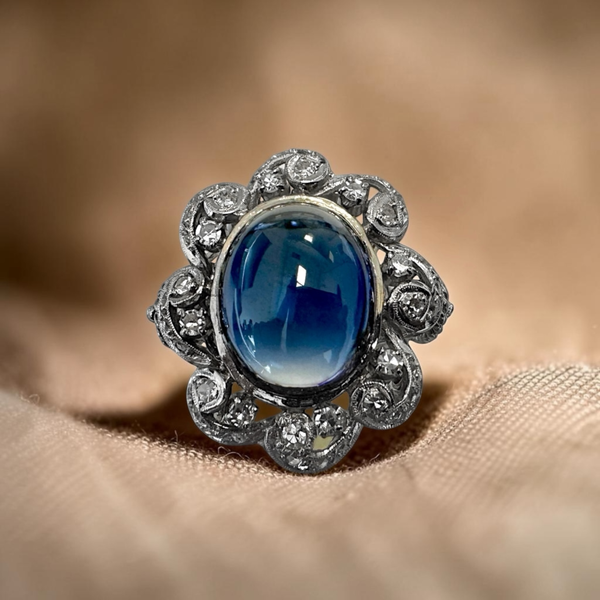 Estate Collection - 18K White Gold Vintage Lab Sapphire & Diamond Ring Orin Jewelers Northville, MI