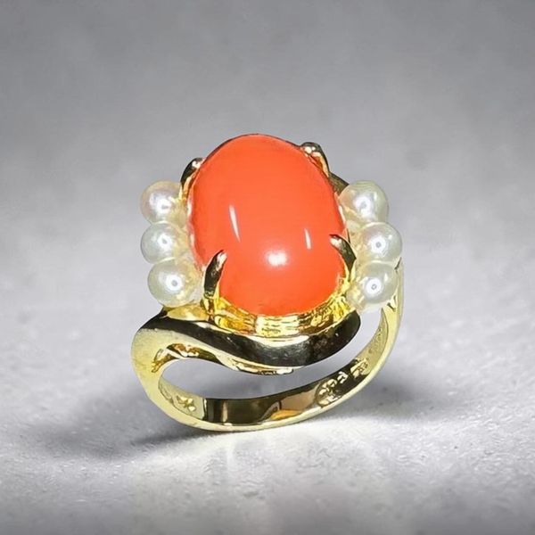 Estate Collection - 18K Yellow Gold Coral Cabochon & Pearl Ring Orin Jewelers Northville, MI
