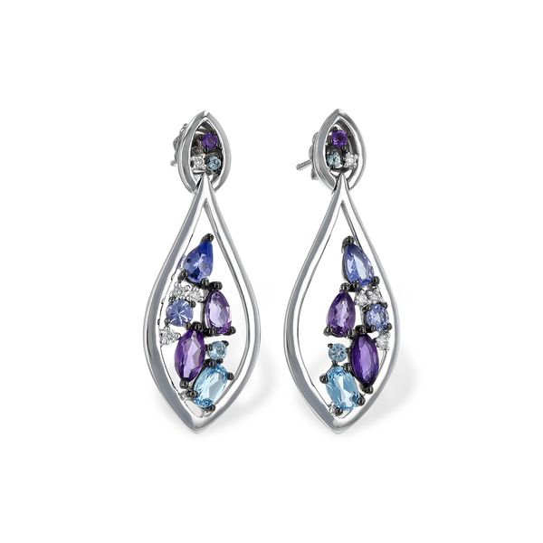 14 Karat White Gold Dangle Earrings With Amethysts, Blue Topaz, and Tanzanites Orin Jewelers Northville, MI