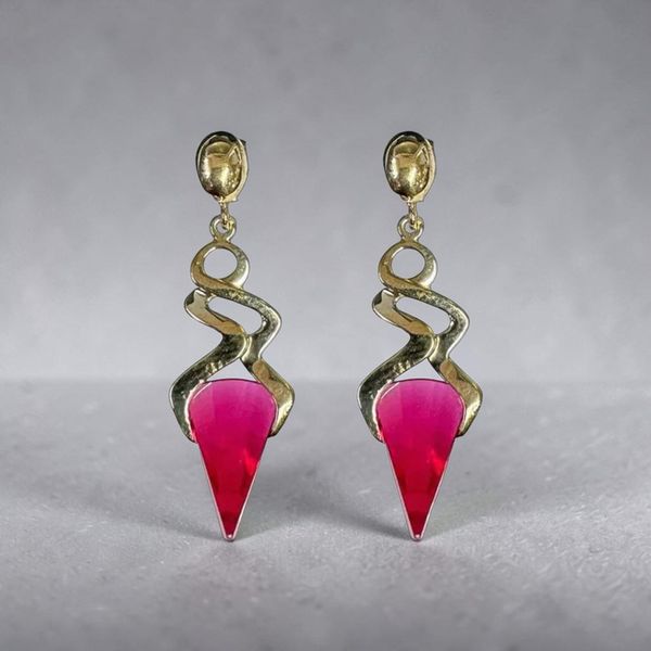 Estate Collection - 14K Yellow Gold Lab Created Fantasy Cut Ruby Earrings Orin Jewelers Northville, MI