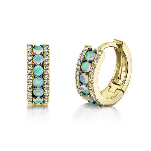 14K Yellow Gold Opal & Diamond Huggie Hoop Earrings Orin Jewelers Northville, MI