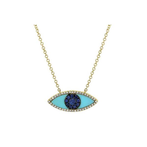 14k Yellow Gold Eye Necklace With Diamonds, Sapphires, & Turquoise Orin Jewelers Northville, MI