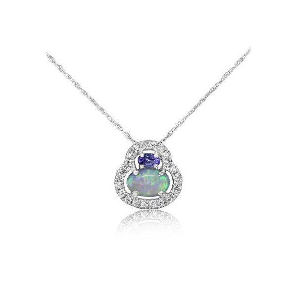 14 karat white gold opal, tanzanite and diamond pendant Orin Jewelers Northville, MI