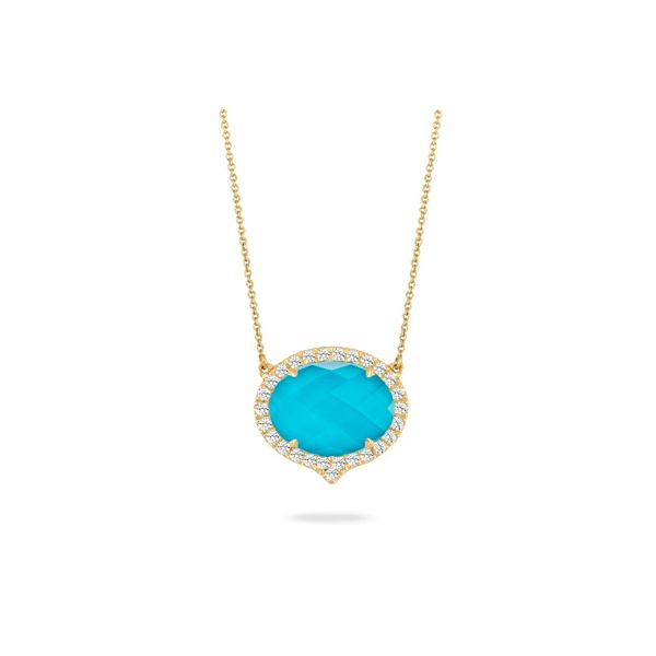 18k Yellow Gold Oval Shape Clear Quartz Over Turquoise Pendant With Diamonds Orin Jewelers Northville, MI