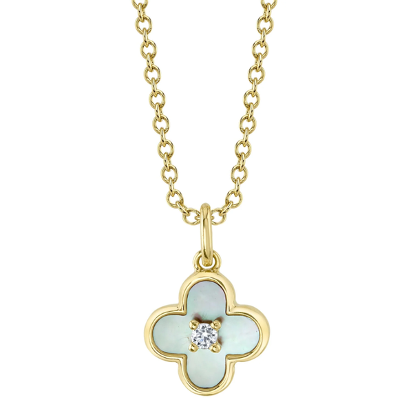 14K Yellow Gold Mother of Pearl Clover Necklace With 1 Diamond Orin Jewelers Northville, MI