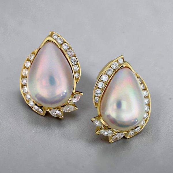 Estate - 18K Mabe Pearl & Diamond Earrings Orin Jewelers Northville, MI