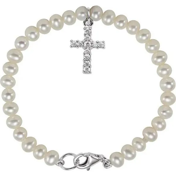 Sterling Silver Freshwater Pearl Bracelet With Cross, 5.5