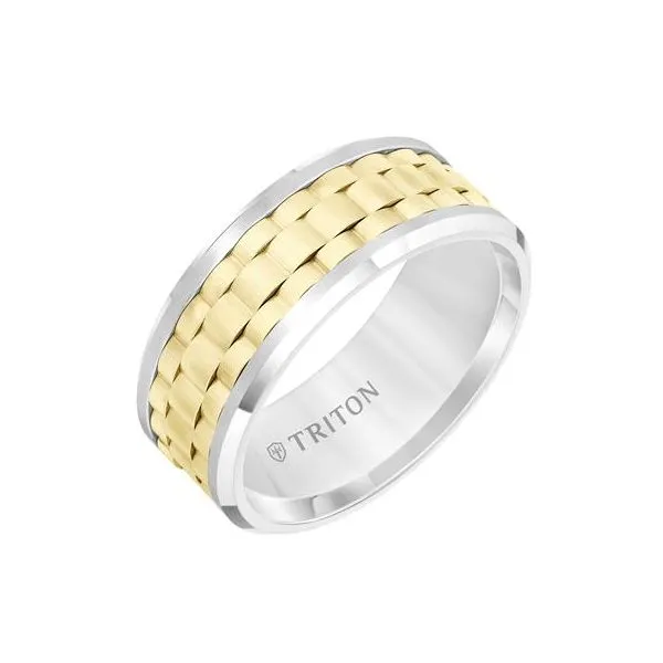 Gent's 9mm White Tungsten Carbide Flat Comfort Fit Band with Yellow Basket Weave Center and Flat Rims Orin Jewelers Northville, MI