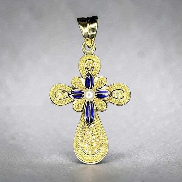 Estate Collection - 14K Yellow Gold Pearl & Blue Enamel 