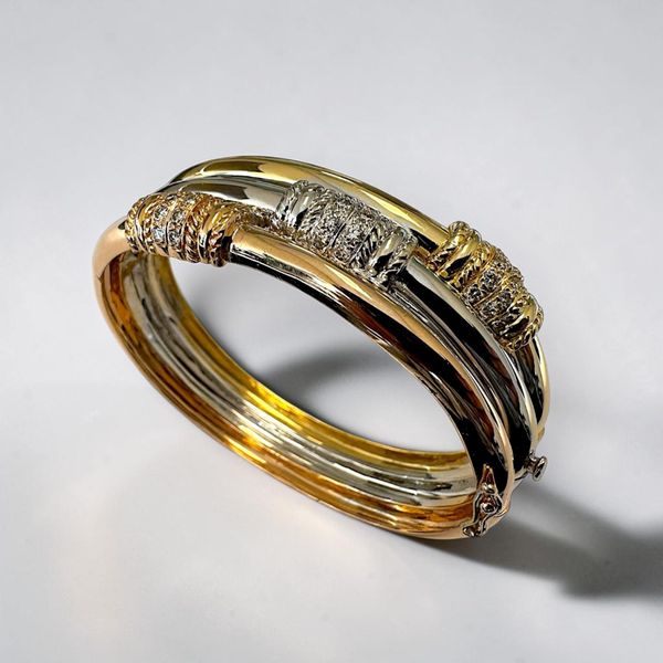Estate Collection - 18K Tri-Gold Diamond Hinged Cuff Bracelet Image 3 Orin Jewelers Northville, MI
