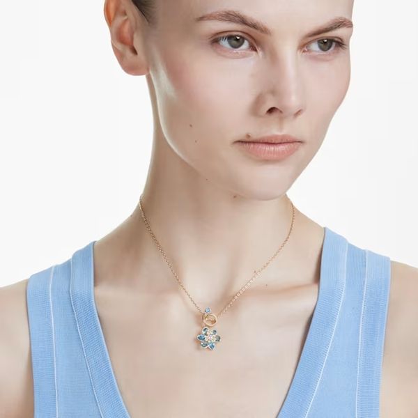 Swarovski Idyllia Pendant - Mixed Cuts, Flower, Blue, Gold-Tone Plated Image 3 Orin Jewelers Northville, MI