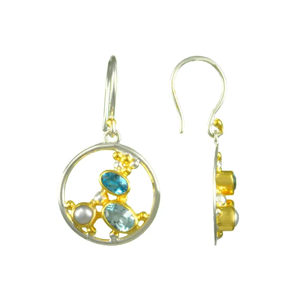 Lady's Two Tone Sterling Silver & 22K Gold Vermeil Overlay Earrings w/2 Pearls & 4 Colored Stones Orin Jewelers Northville, MI