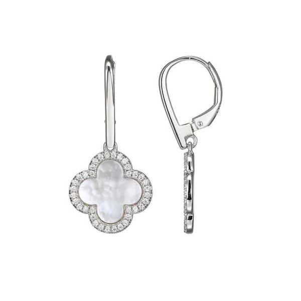 Sterling Silver Lever Back Earrings with Clover Mother of Pearl and CZs Orin Jewelers Northville, MI