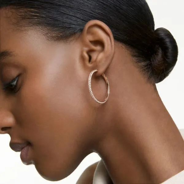 Swarovski Stone Hoop Pierced Earrings, Pink, Rose gold plating Image 3 Orin Jewelers Northville, MI