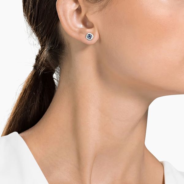 Swarovski Angelic Stud Earrings, Square Cut, Blue Image 2 Orin Jewelers Northville, MI