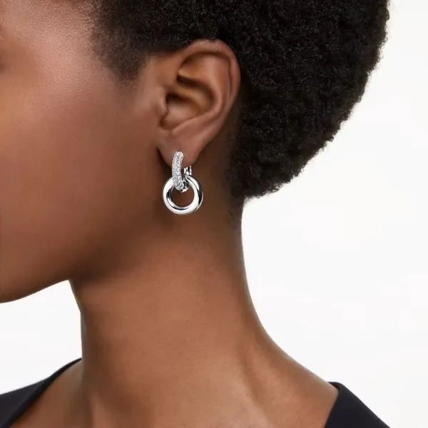 Swarovski Dextera Hoop Earrings, Interlocking Loop, White, Rhodium Plated Image 2 Orin Jewelers Northville, MI
