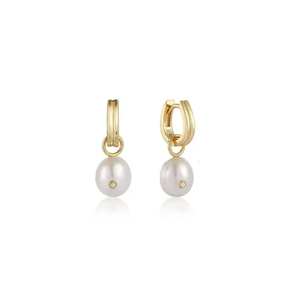 Sterling Silver Gold Plated Pearl Drop Sparkle Huggie Hoop Earrings Orin Jewelers Northville, MI