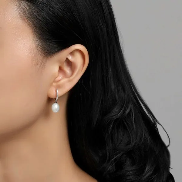 Sterling Silver Freshwater Cultured Pearl Earrings With CZs Image 2 Orin Jewelers Northville, MI