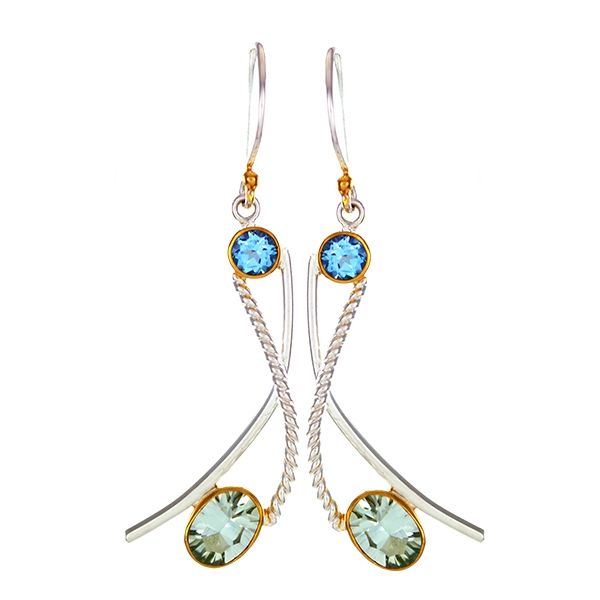 Sterling Silver and 22K Gold Vermeil Earrings with Green Amethyst and Sky Blue Topaz by Michou Orin Jewelers Northville, MI