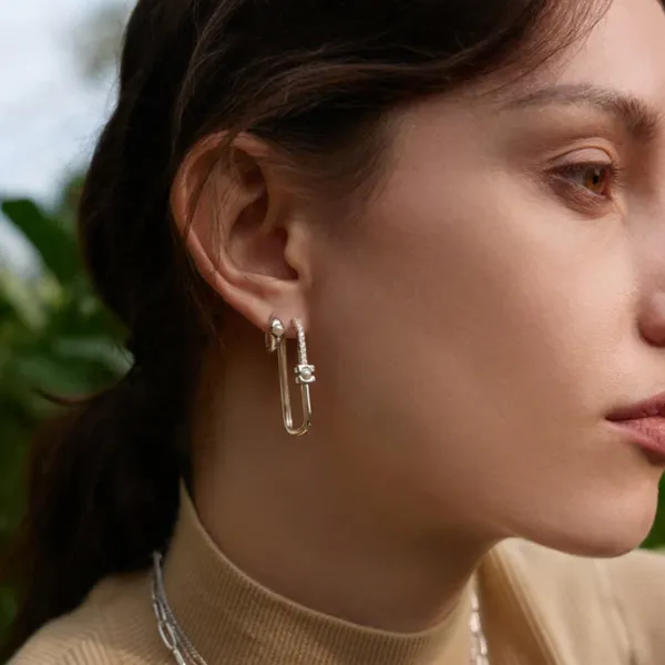 Sterling Silver Pearl Modernist Oval Hoop Earrings Image 2 Orin Jewelers Northville, MI
