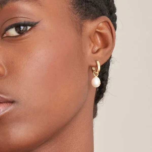 Sterling Silver Gold Plated Pearl Drop Sparkle Huggie Hoop Earrings Image 2 Orin Jewelers Northville, MI