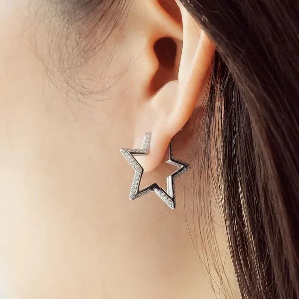 Sterling Silver Medium Star Pave Hoop Earrings Image 2 Orin Jewelers Northville, MI