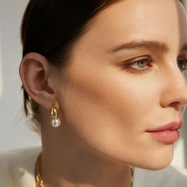 Sterling Silver Gold Plated Pearl Dome Hoop Earrings Image 2 Orin Jewelers Northville, MI