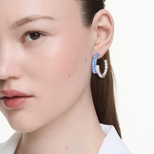 Swarovski Matrix Hoop Earrings, Mixed Cuts, Blue, Rhodium Plated Image 2 Orin Jewelers Northville, MI