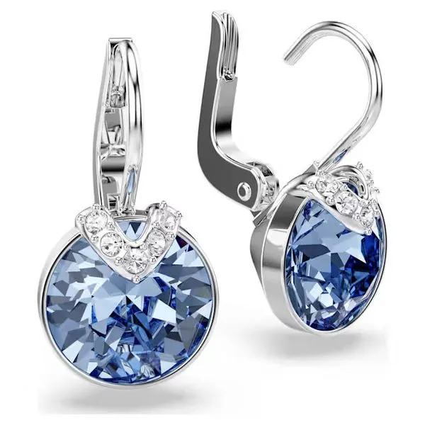 Swarovski Bella V Drop Earrings, Round Cut, Blue, Rhodium Plated Image 2 Orin Jewelers Northville, MI