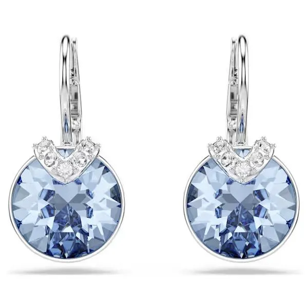 Swarovski Bella V Drop Earrings, Round Cut, Blue, Rhodium Plated Image 3 Orin Jewelers Northville, MI