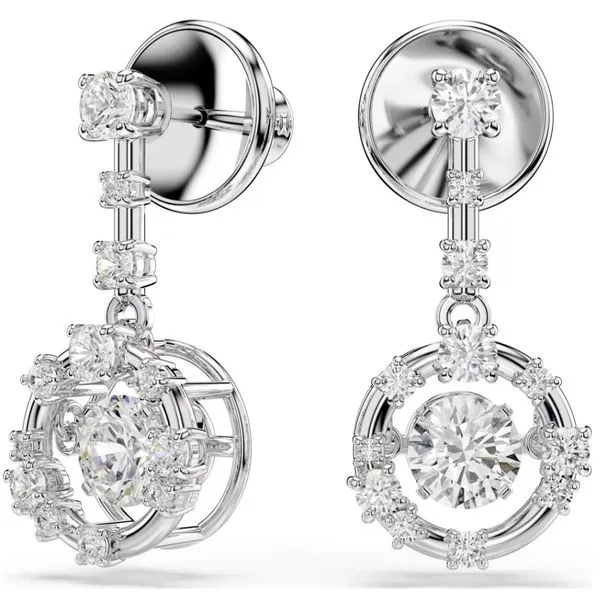 Swarovski Constella Drop Earrings - Round Cut, Dancing Stone, White, Rhodium Plated Image 2 Orin Jewelers Northville, MI