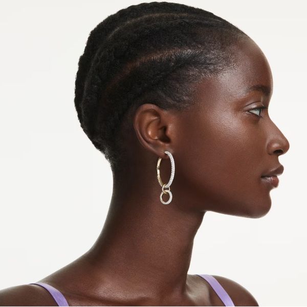 Swarovski Dextera Hoop Earrings - Round Cut, White, Gold-Tone Plated Image 4 Orin Jewelers Northville, MI