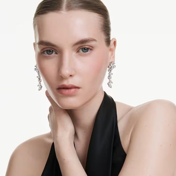 Swarovski Constella Drop Earrings, Mixed Cuts, White, Rhodium Plated Image 2 Orin Jewelers Northville, MI
