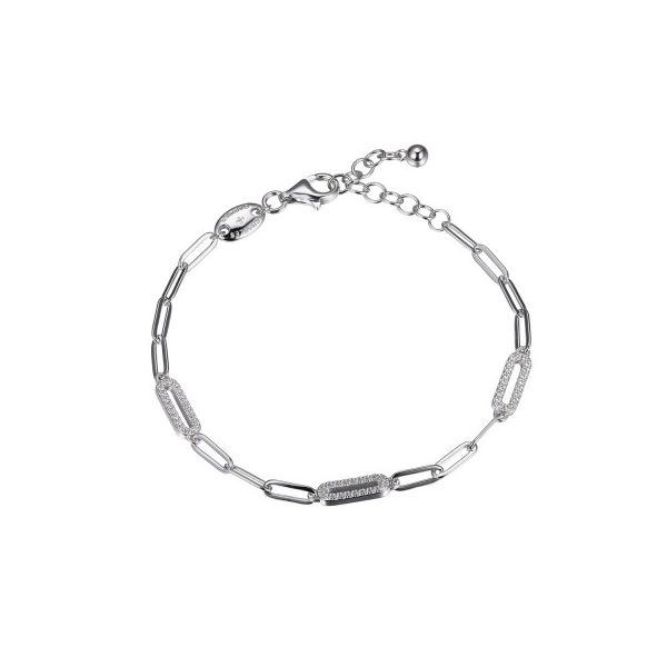 Sterling Silver Paperclip Chain Bracelet With 3 CZ Link Stations, Rhodium Finish Orin Jewelers Northville, MI