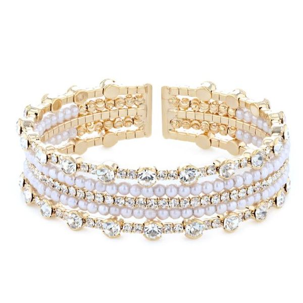Simulated White Pearl and Crystal Cuff Bangle, 5 Row, Yellow Orin Jewelers Northville, MI
